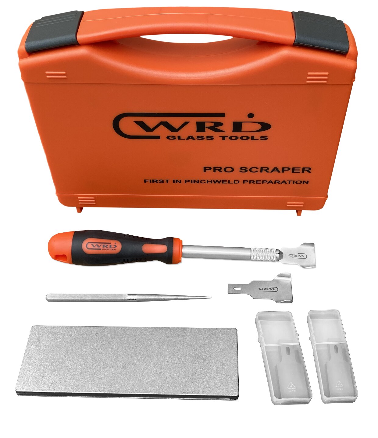 Pro Scraper Kit B with scraper, blades, sharpening tools and case